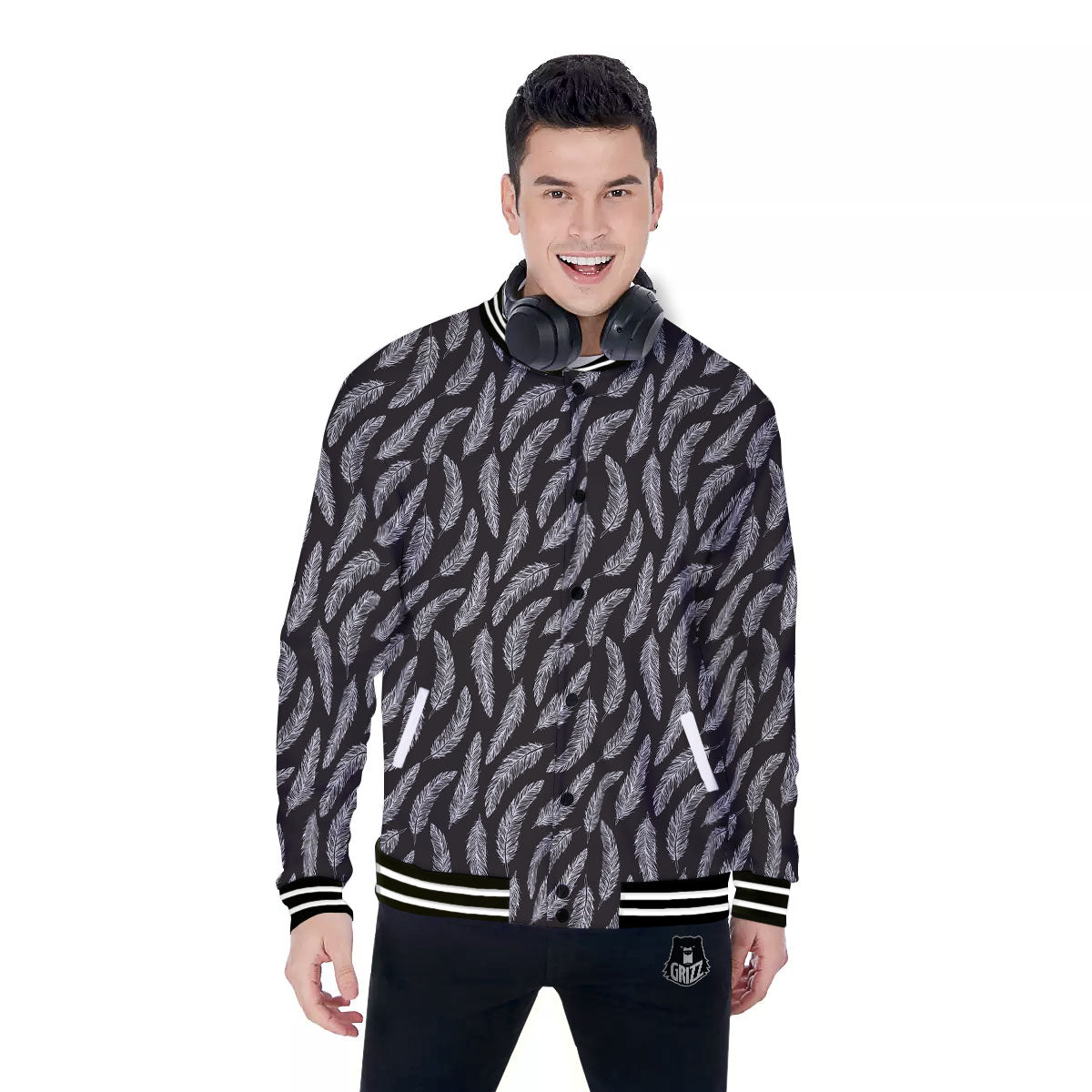 Feather White And Black Print Pattern Baseball Jacket-grizzshop