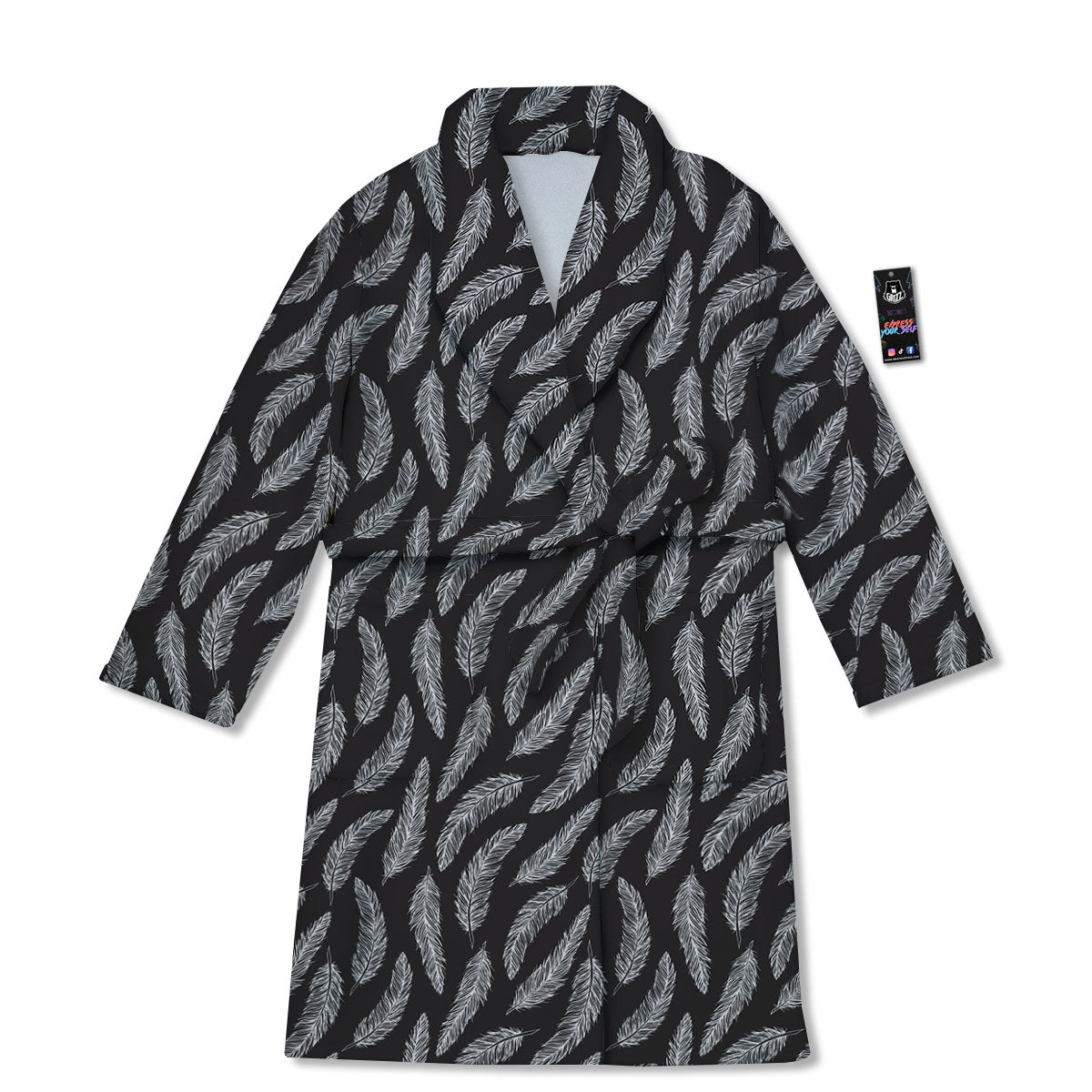 Feather White And Black Print Pattern Bathrobe-grizzshop
