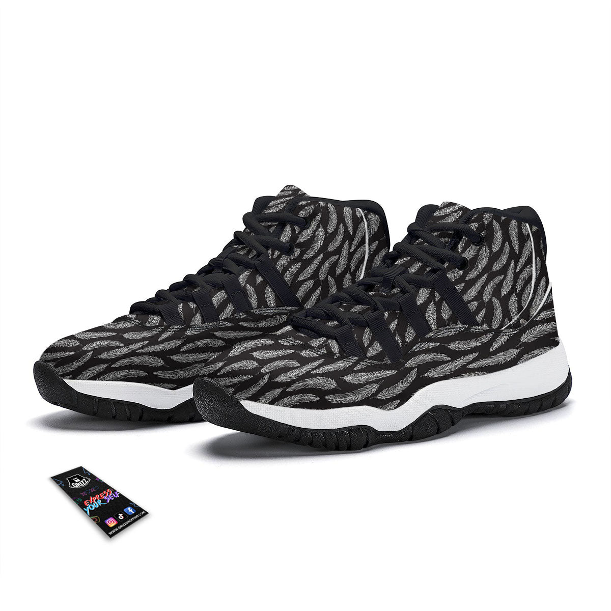 Feather White And Black Print Pattern Black Bball Shoes-grizzshop