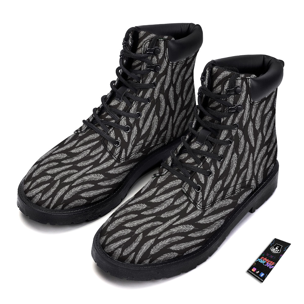 Feather White And Black Print Pattern Boots-grizzshop