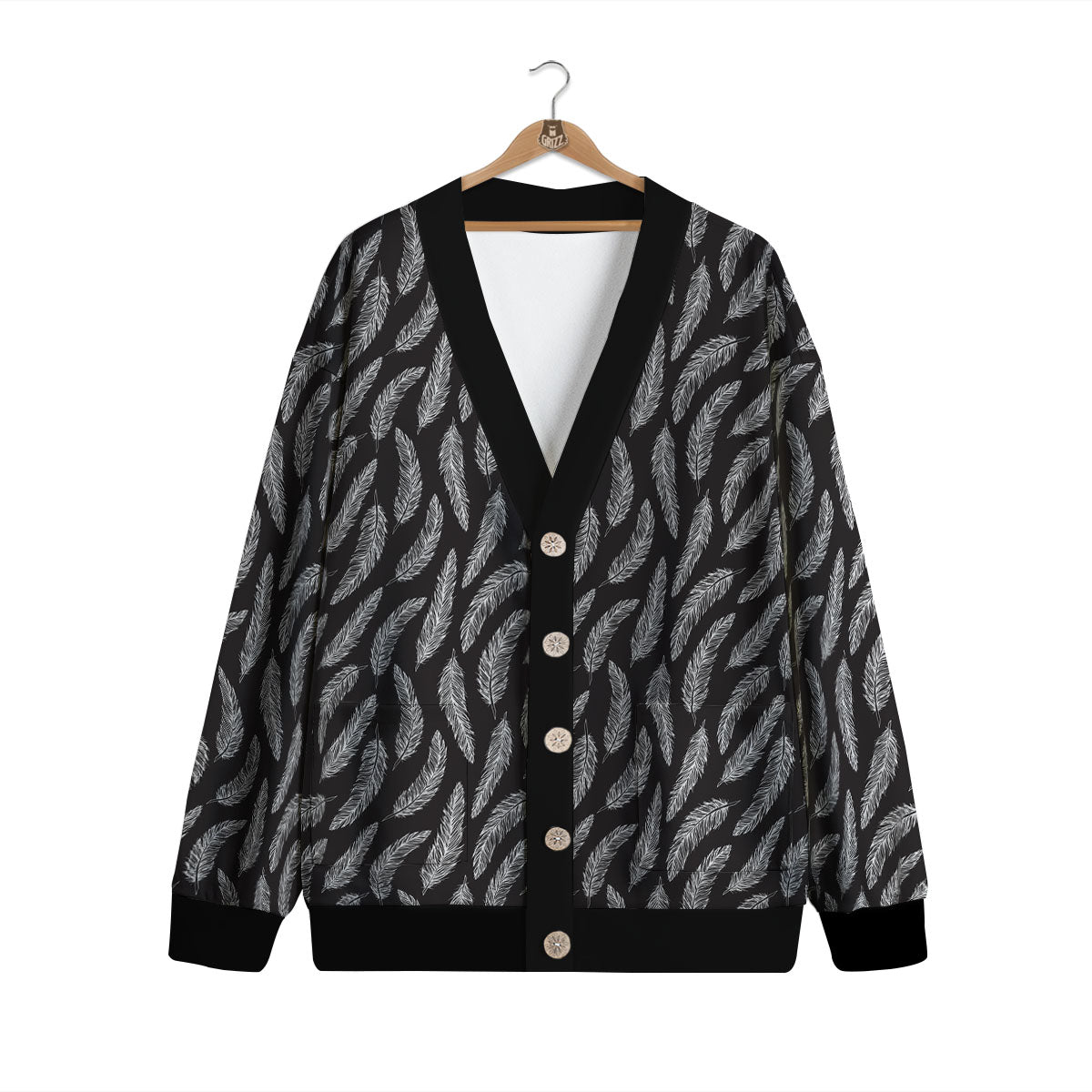 Feather White And Black Print Pattern Cardigan-grizzshop