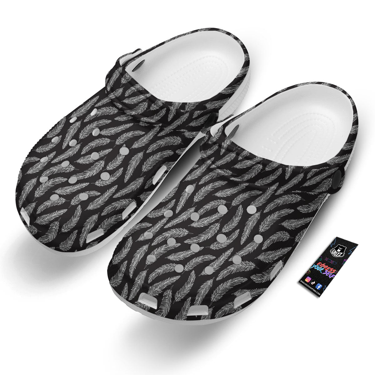 Feather White And Black Print Pattern Clog-grizzshop