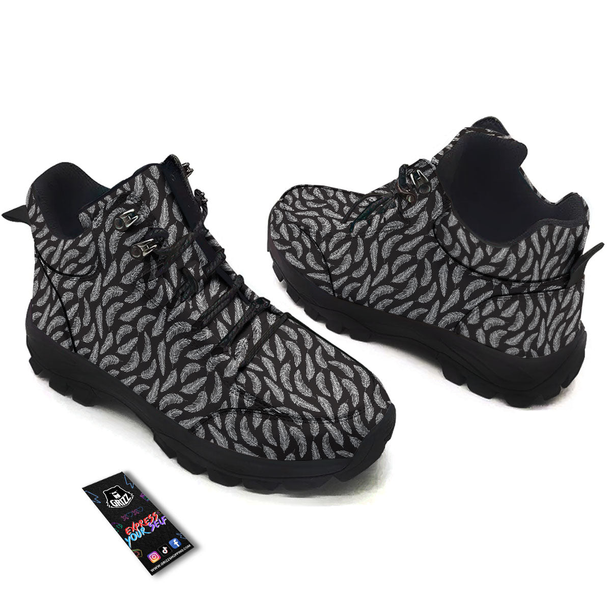 Feather White And Black Print Pattern Hiking Shoes-grizzshop
