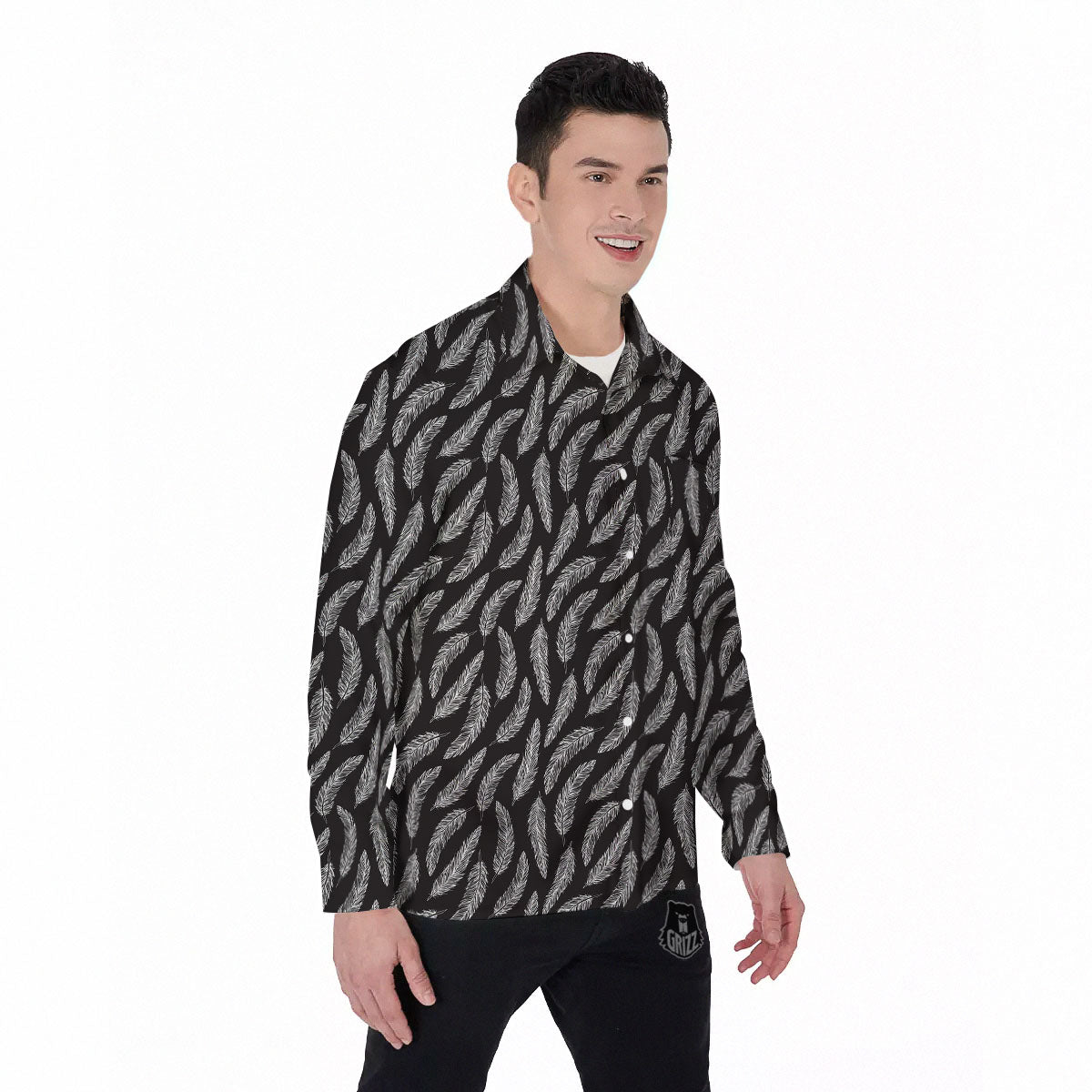 Feather White And Black Print Pattern Men's Long Sleeve Shirts-grizzshop