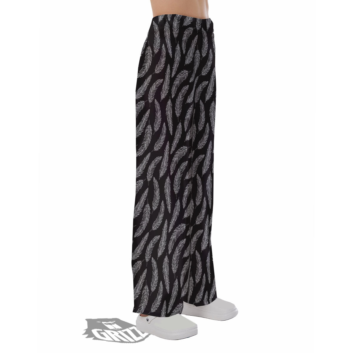 Feather White And Black Print Pattern Pajama Pants-grizzshop