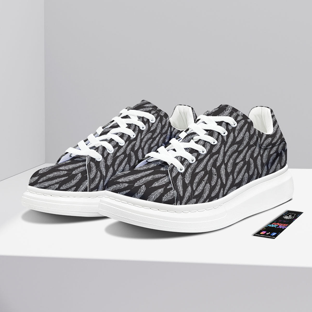 Feather White And Black Print Pattern Platform Shoes-grizzshop