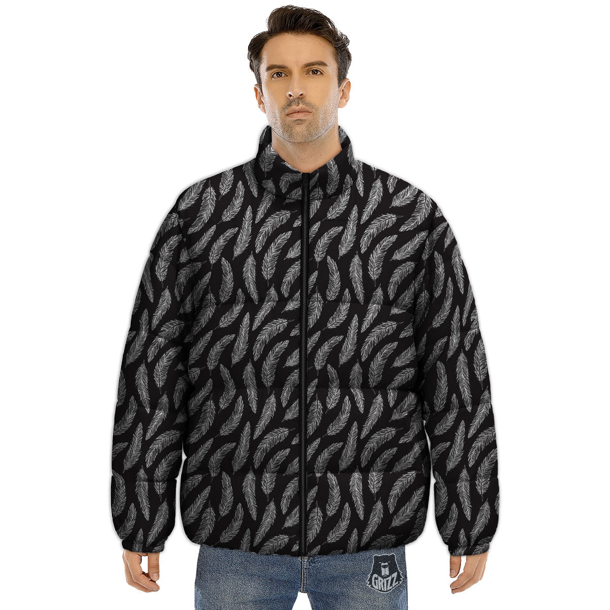 Feather White And Black Print Pattern Puffer Jacket-grizzshop