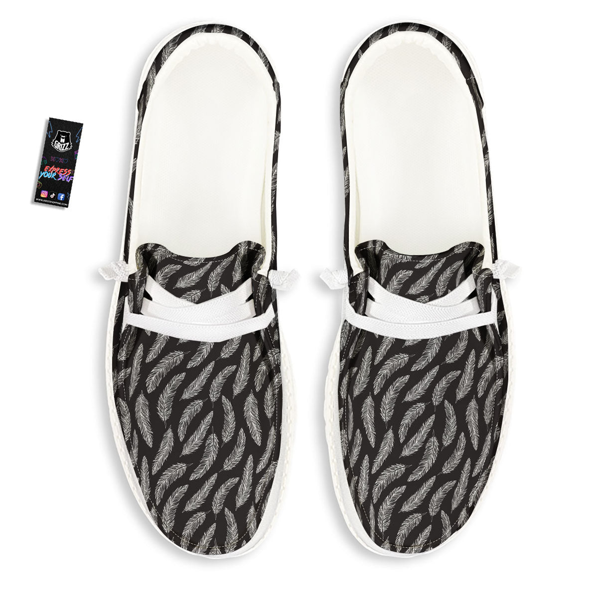 Feather White And Black Print Pattern White Loafers-grizzshop