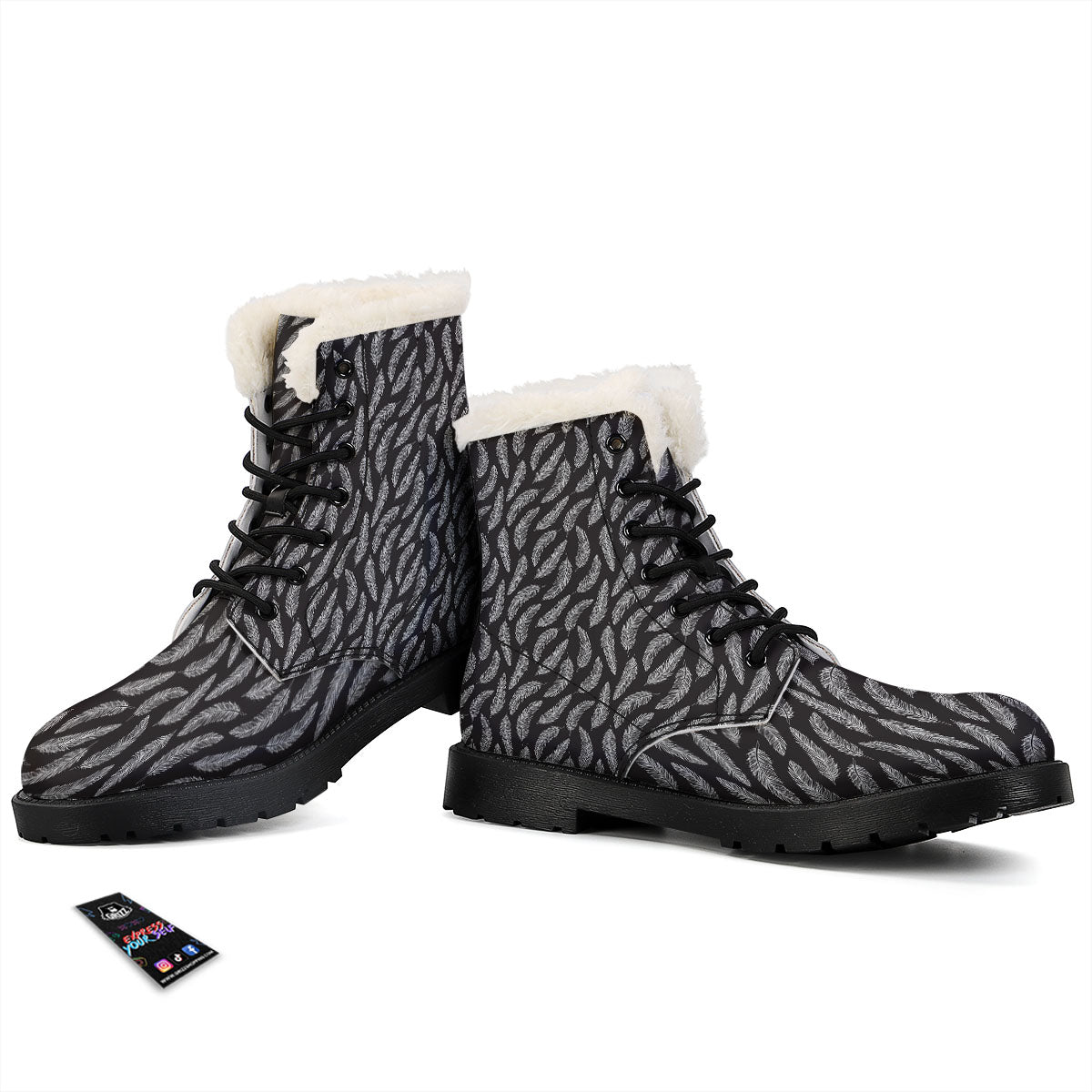 Feather White And Black Print Pattern Winter Boots-grizzshop