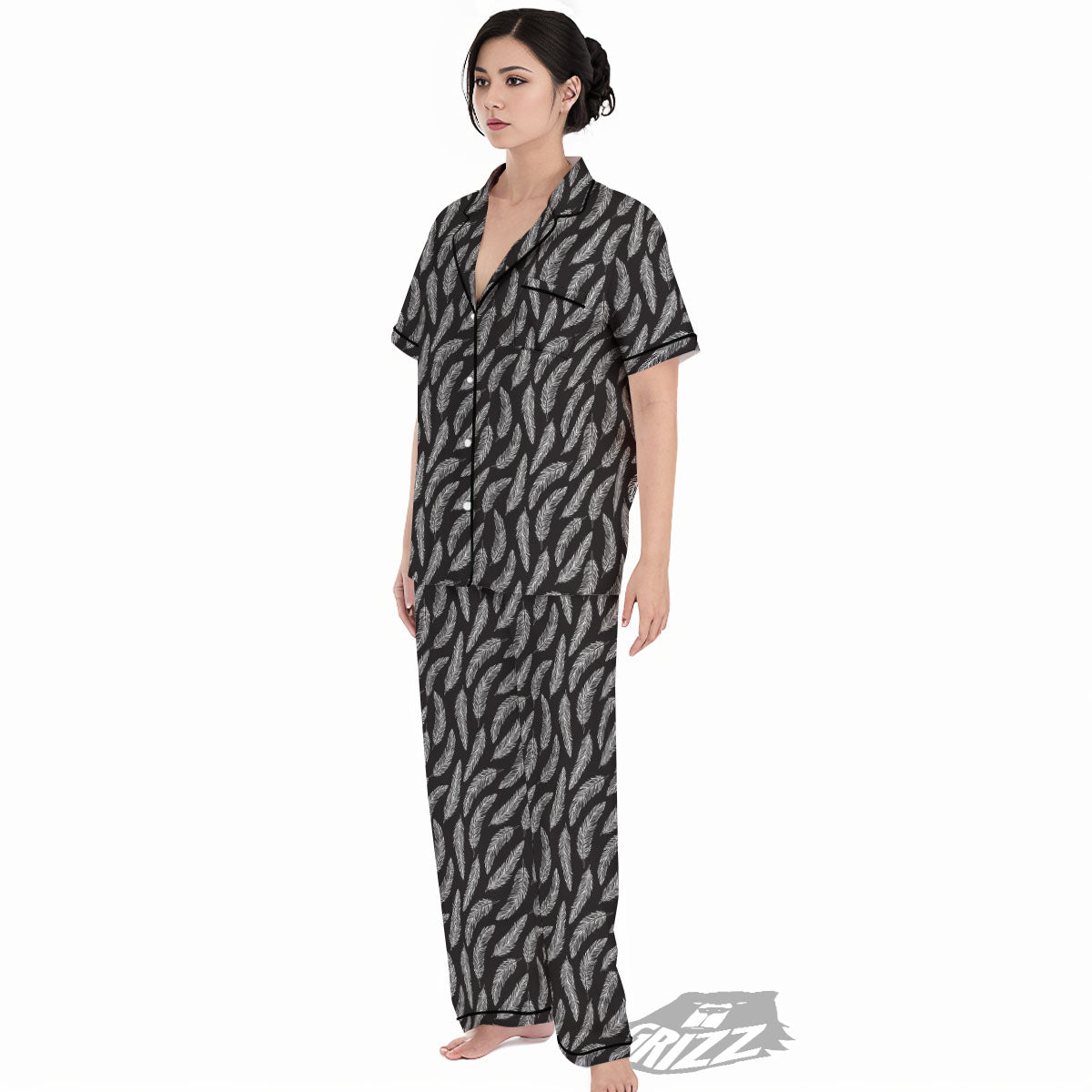 Feather White And Black Print Pattern Women's Pajamas Set-grizzshop