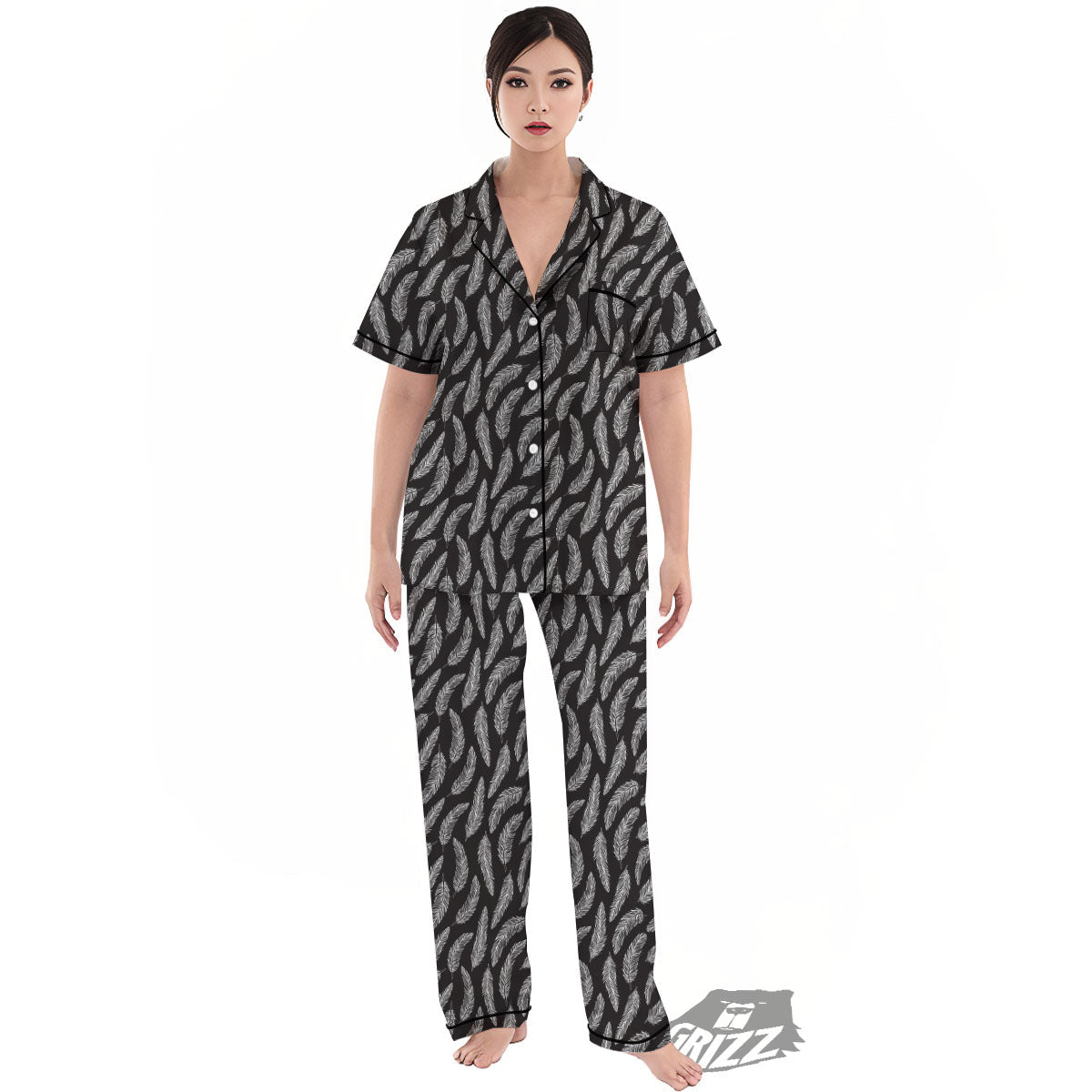 Feather White And Black Print Pattern Women's Pajamas Set-grizzshop