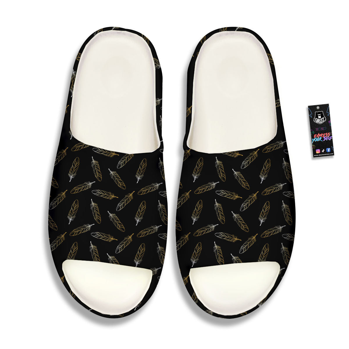 Feather Black And Gold Print Pattern Sandals-grizzshop