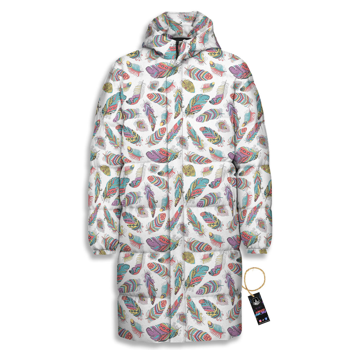 Feather Bohemian Print Pattern Long Down Jacket