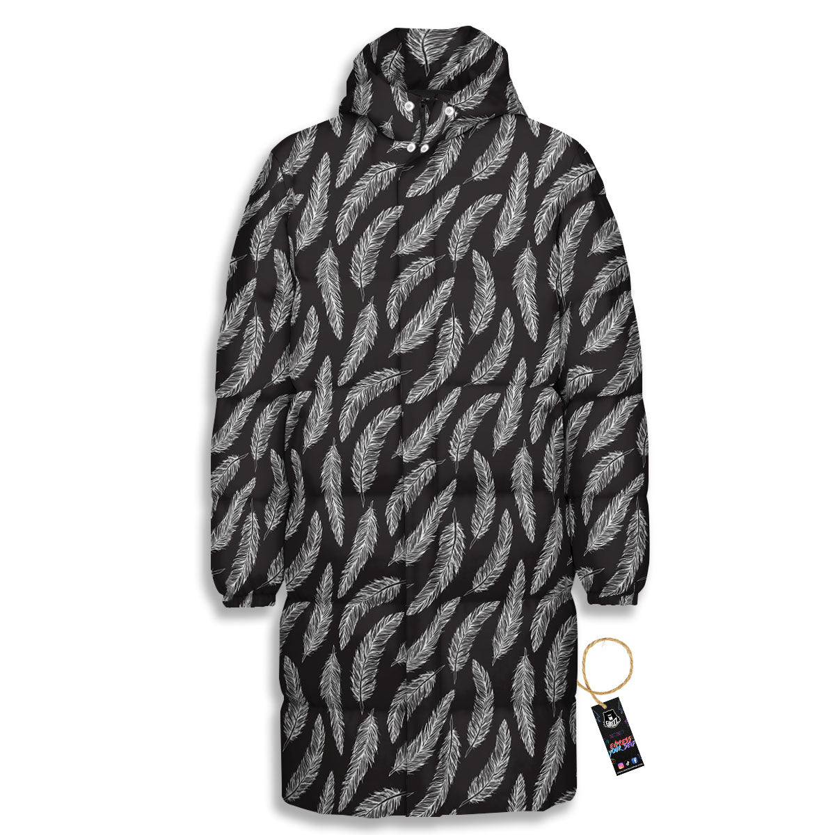 Feather White And Black Print Pattern Long Down Jacket