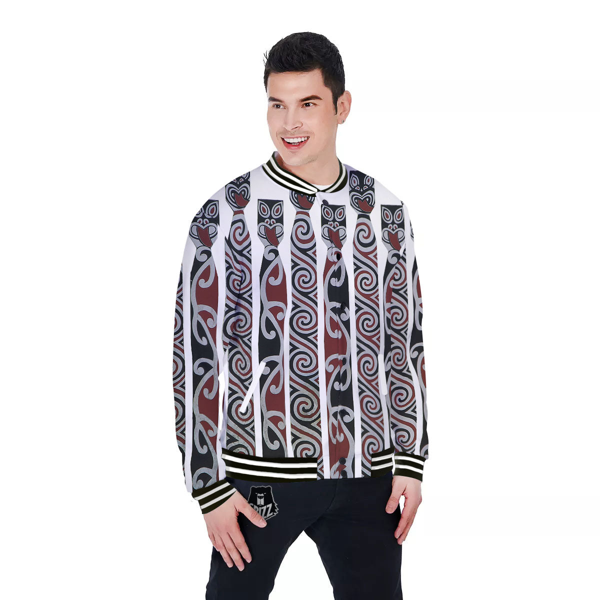 Fence Maori Print Baseball Jacket-grizzshop