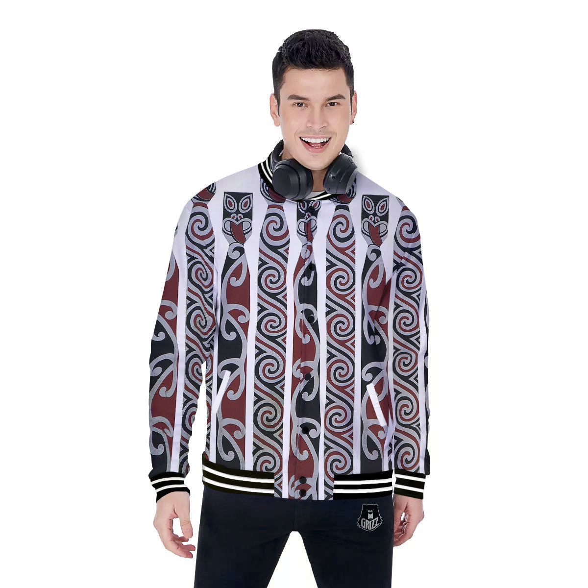 Fence Maori Print Baseball Jacket-grizzshop