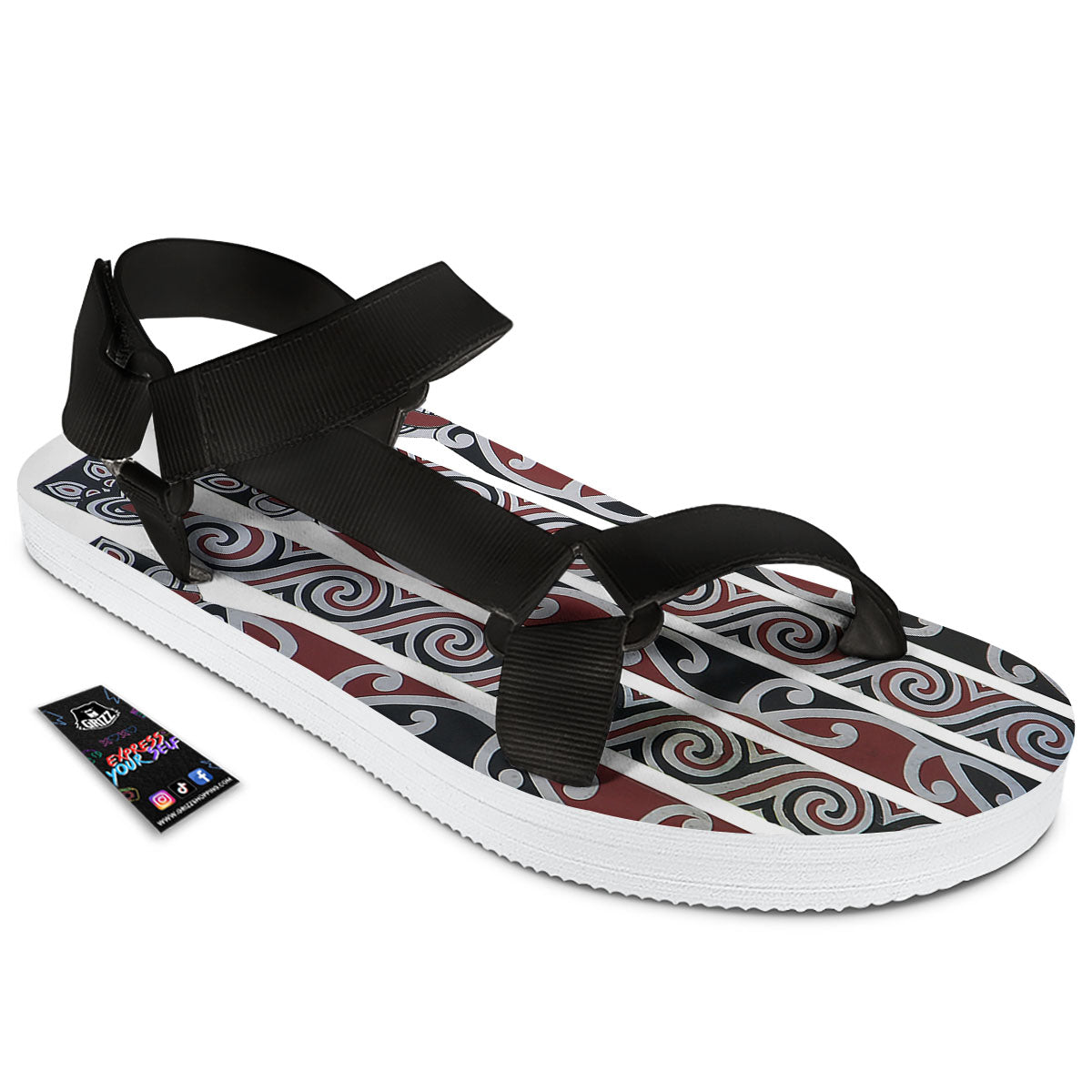 Fence Maori Print Black Open Toe Sandals-grizzshop