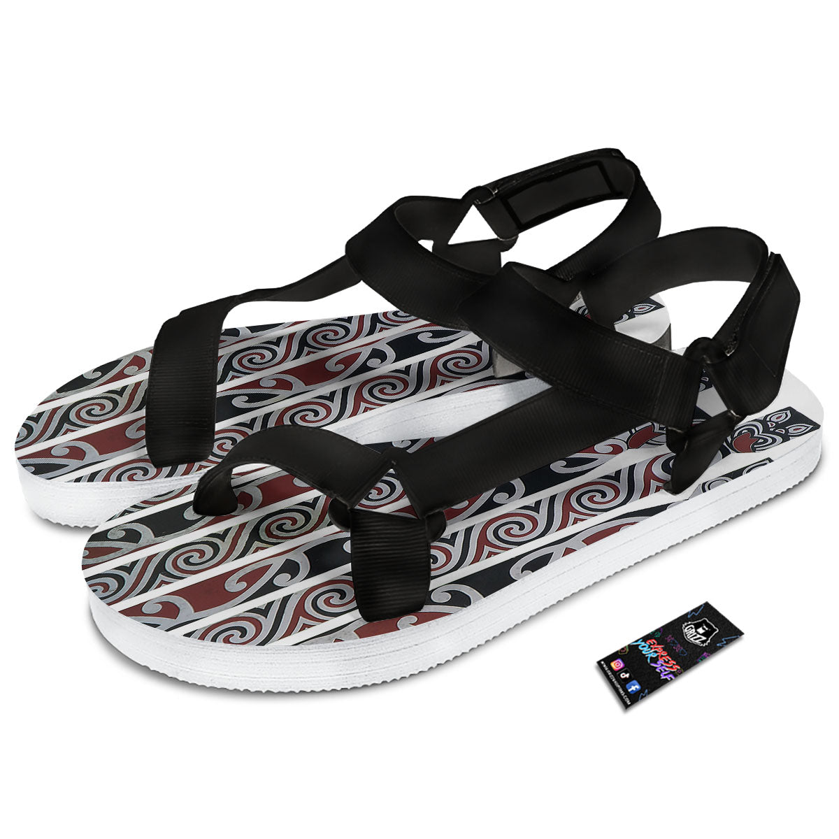 Fence Maori Print Black Open Toe Sandals-grizzshop