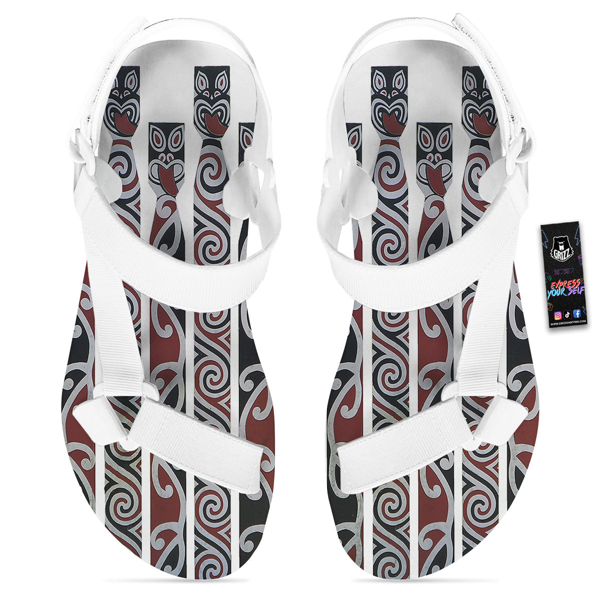 Fence Maori Print White Open Toe Sandals-grizzshop