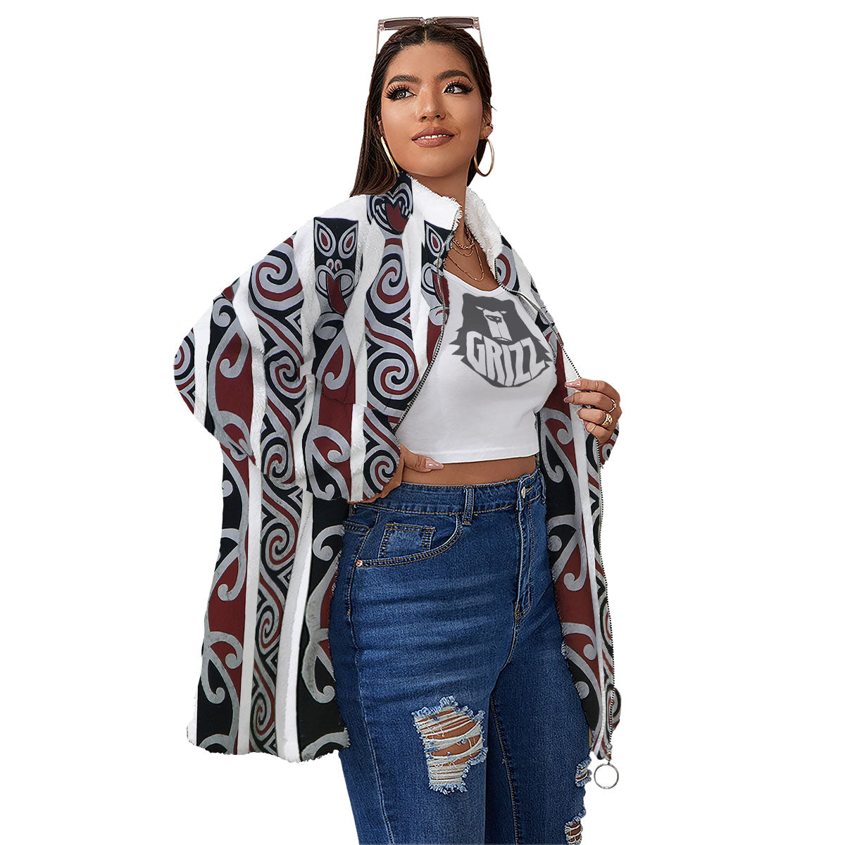 Fence Maori Print Women's Sherpa Jacket-grizzshop