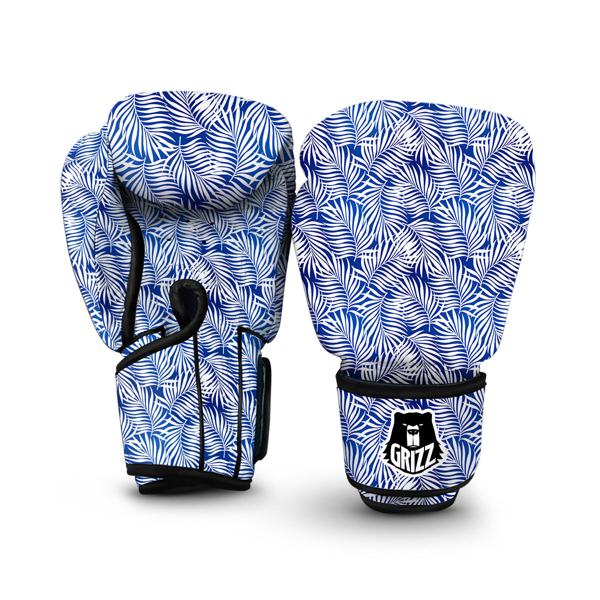 Fern Leaf Blue White Print Pattern Boxing Gloves-grizzshop