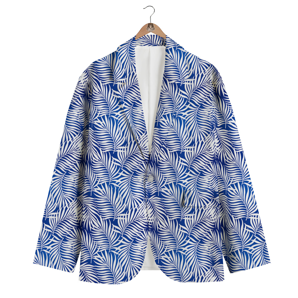 Fern Leaf Blue White Print Pattern Men's Blazer-grizzshop