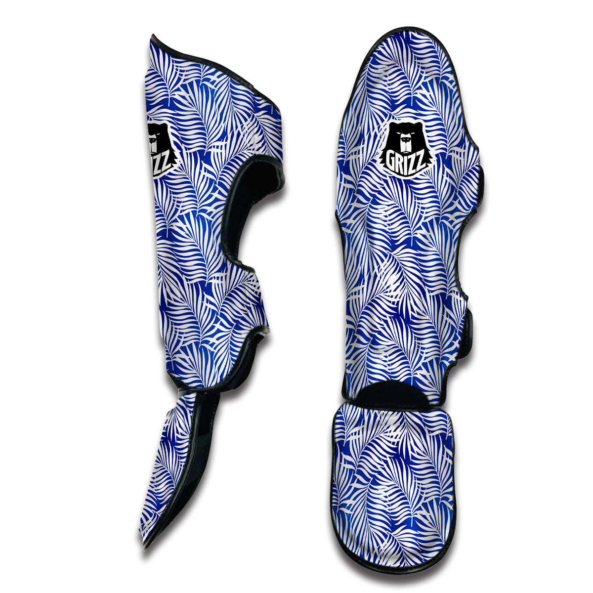 Fern Leaf Blue White Print Pattern Muay Thai Shin Guards-grizzshop