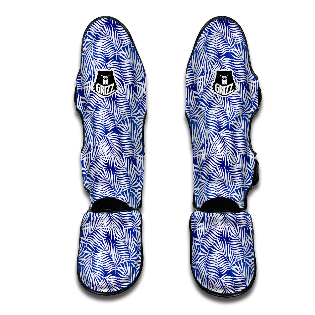 Fern Leaf Blue White Print Pattern Muay Thai Shin Guards-grizzshop