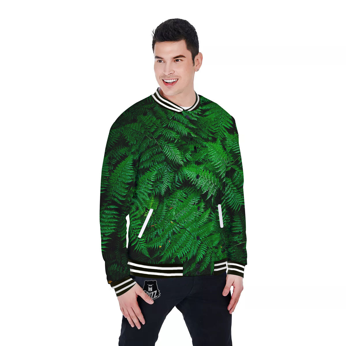 Fern Leaf Green Print Baseball Jacket-grizzshop