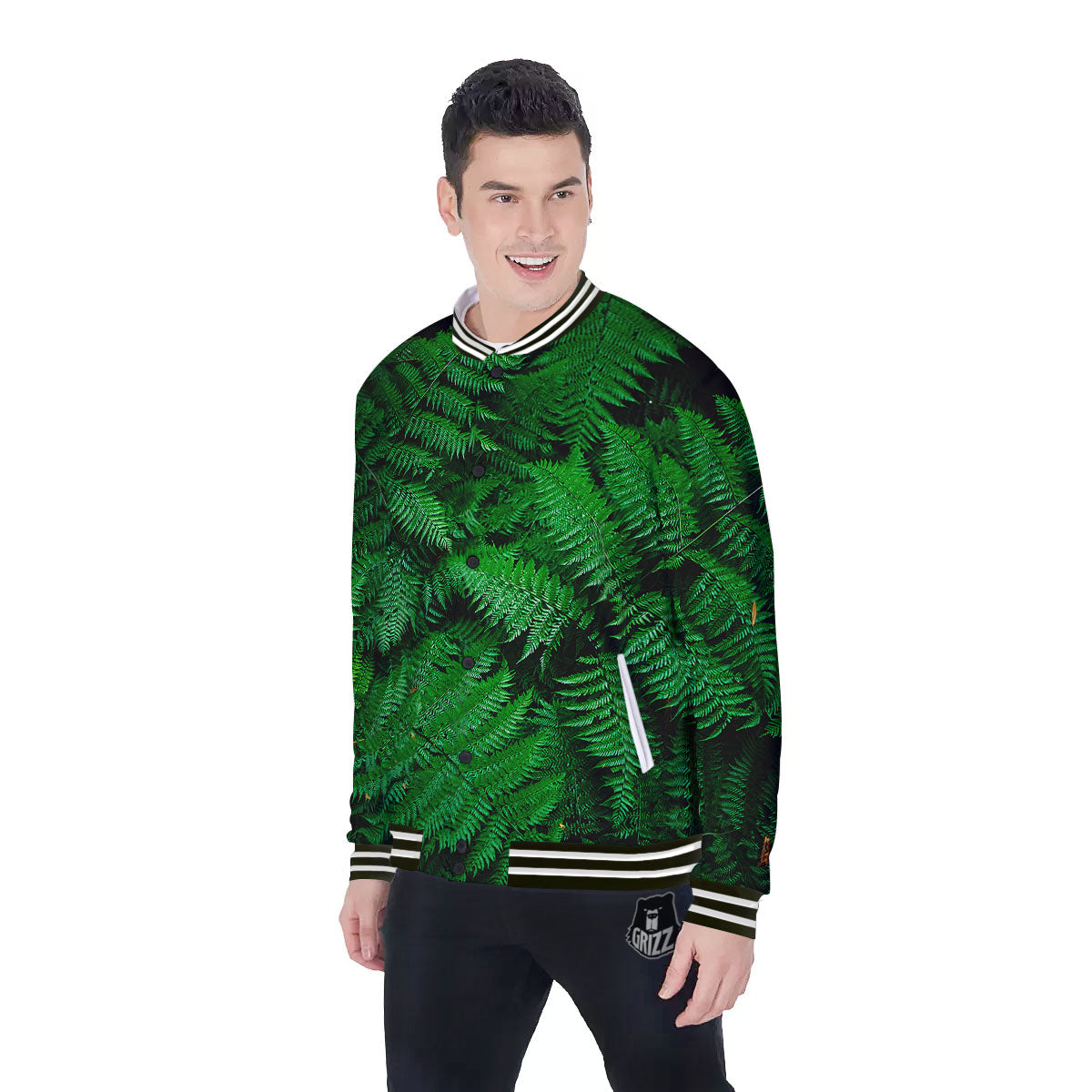 Fern Leaf Green Print Baseball Jacket-grizzshop