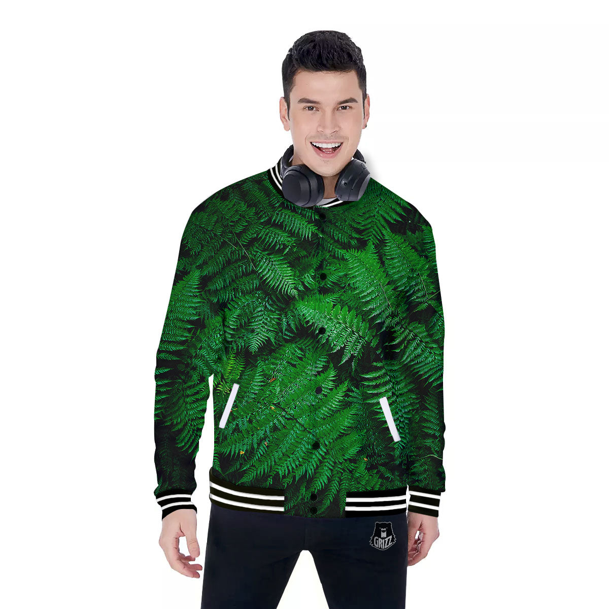 Fern Leaf Green Print Baseball Jacket-grizzshop