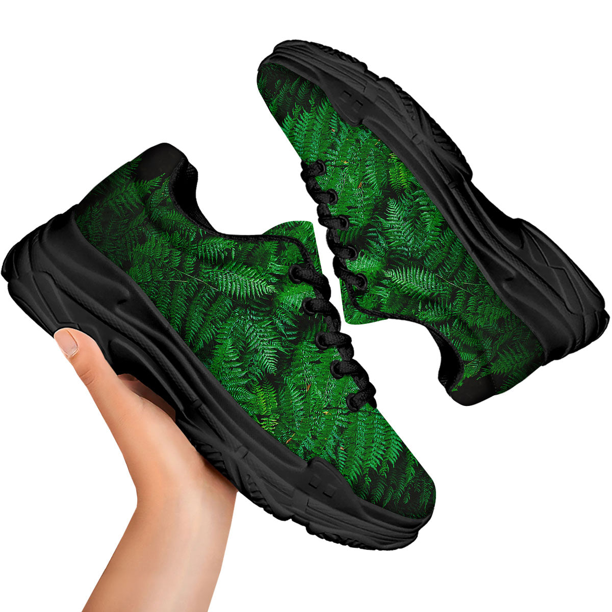 Fern Leaf Green Print Black Chunky Shoes-grizzshop
