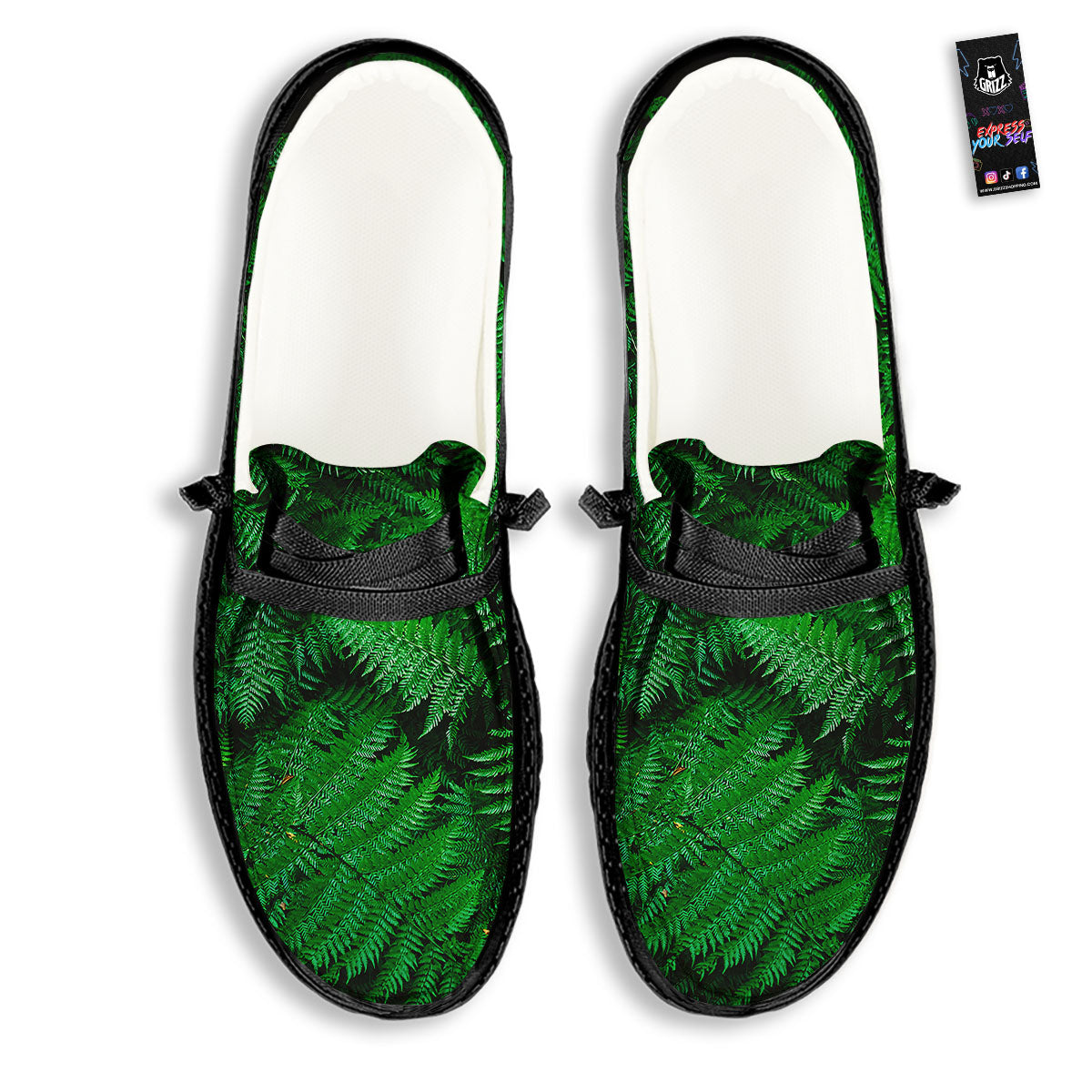 Fern Leaf Green Print Black Loafers-grizzshop