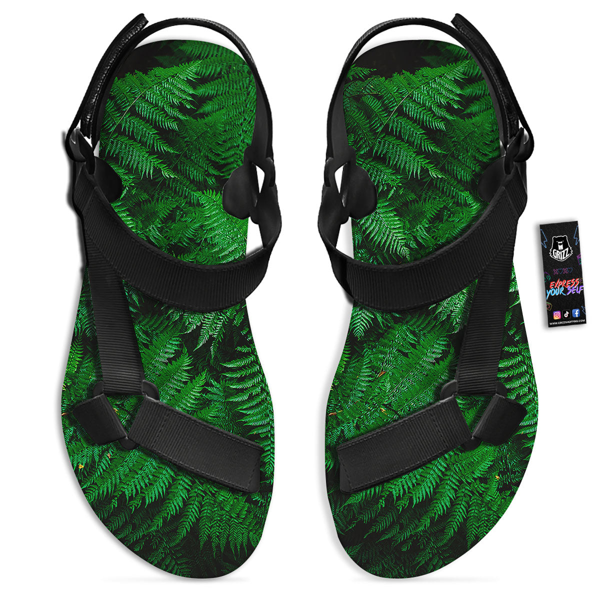 Fern Leaf Green Print Black Open Toe Sandals-grizzshop