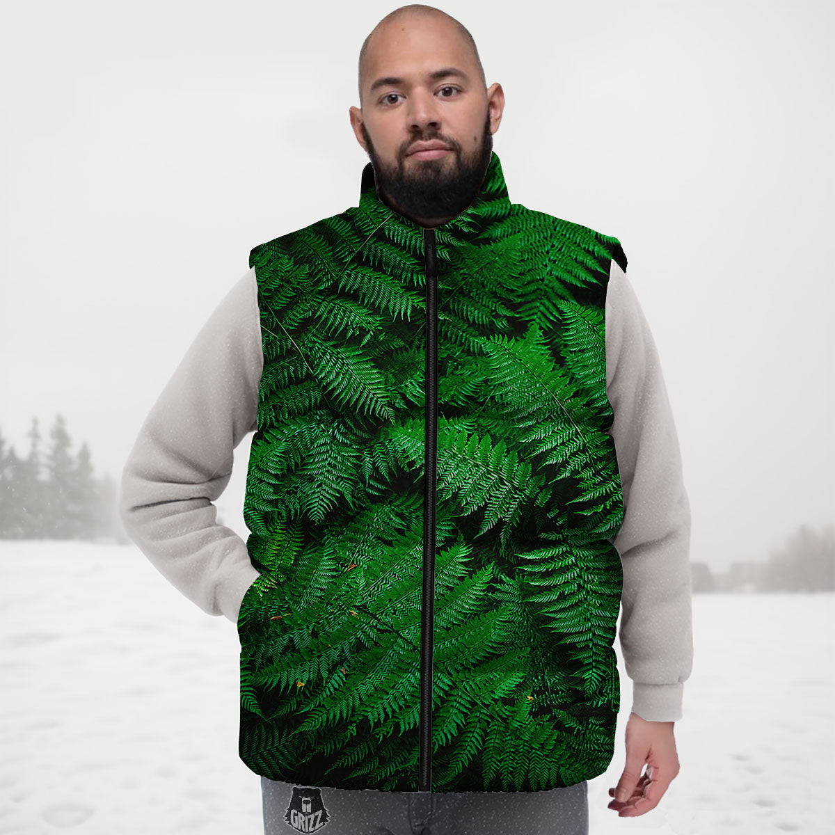 Fern Leaf Green Print Down Vest