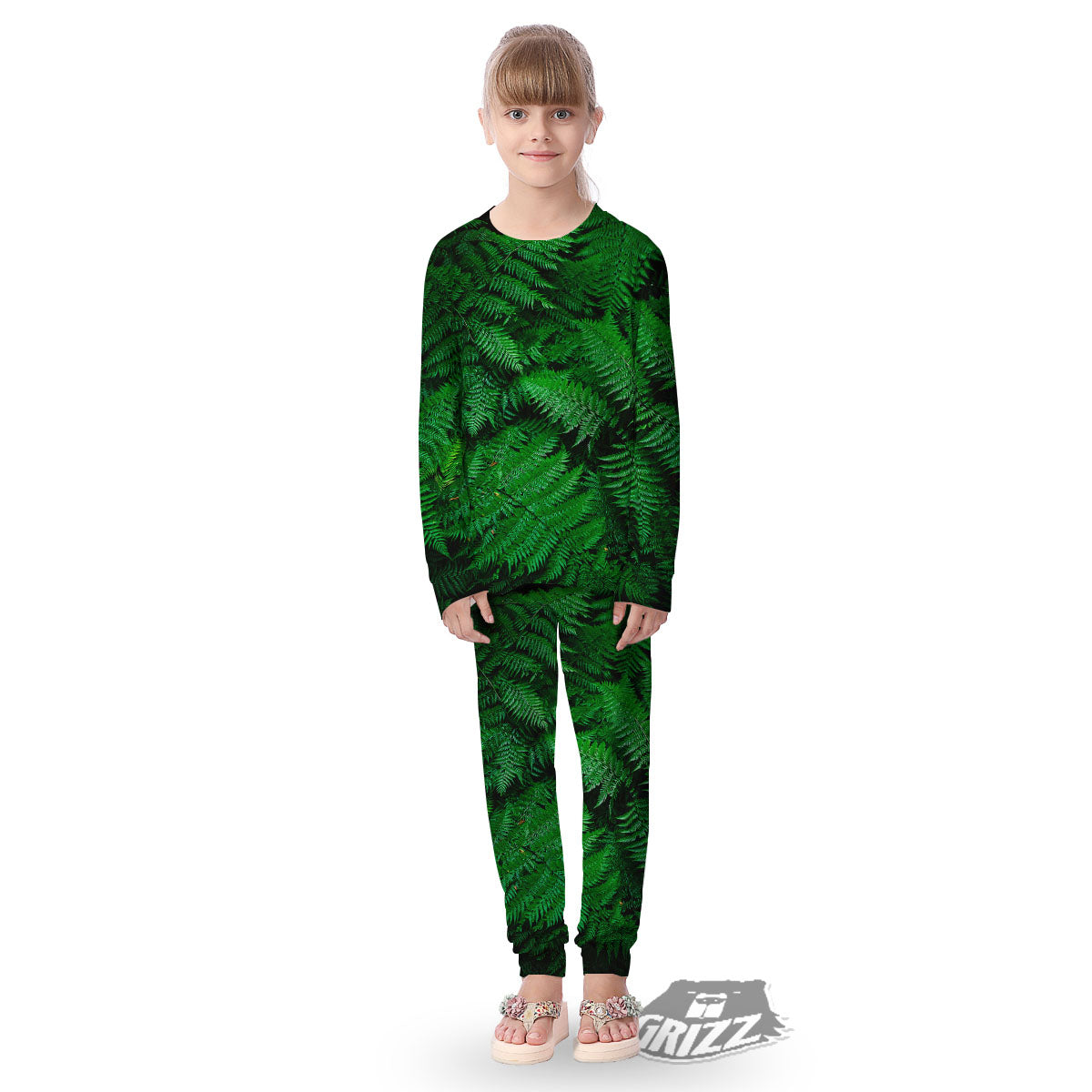 Fern Leaf Green Print Kid's Pajamas-grizzshop