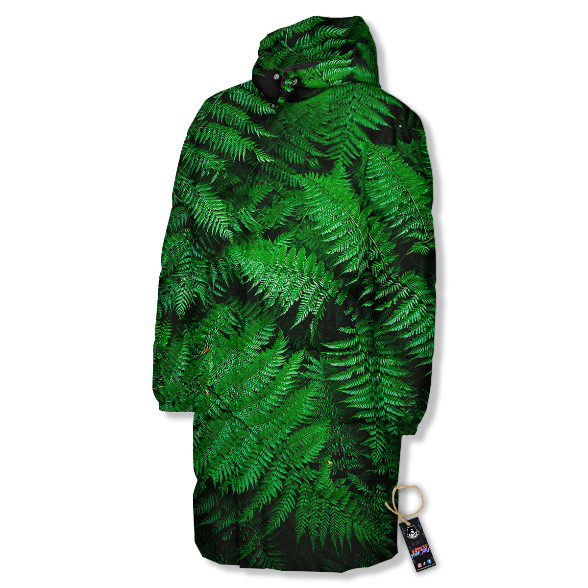 Fern Leaf Green Print Long Down Jacket-grizzshop