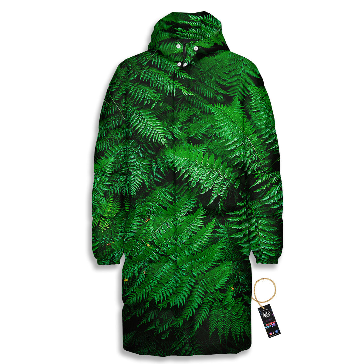 Fern Leaf Green Print Long Down Jacket-grizzshop