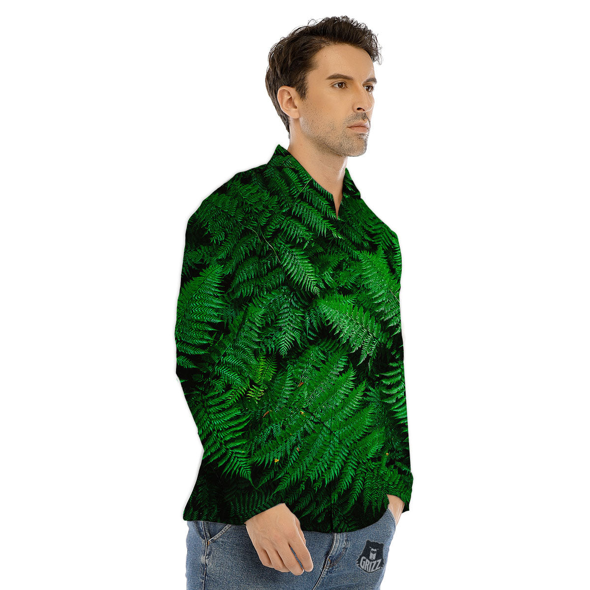 Fern Leaf Green Print Men's Dress Shirts-grizzshop