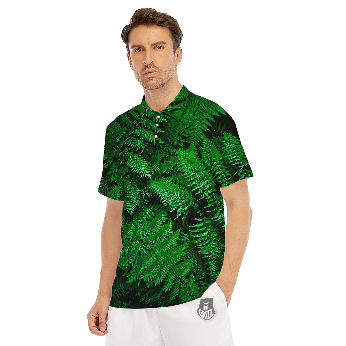 Fern Leaf Green Print Men's Golf Shirts-grizzshop