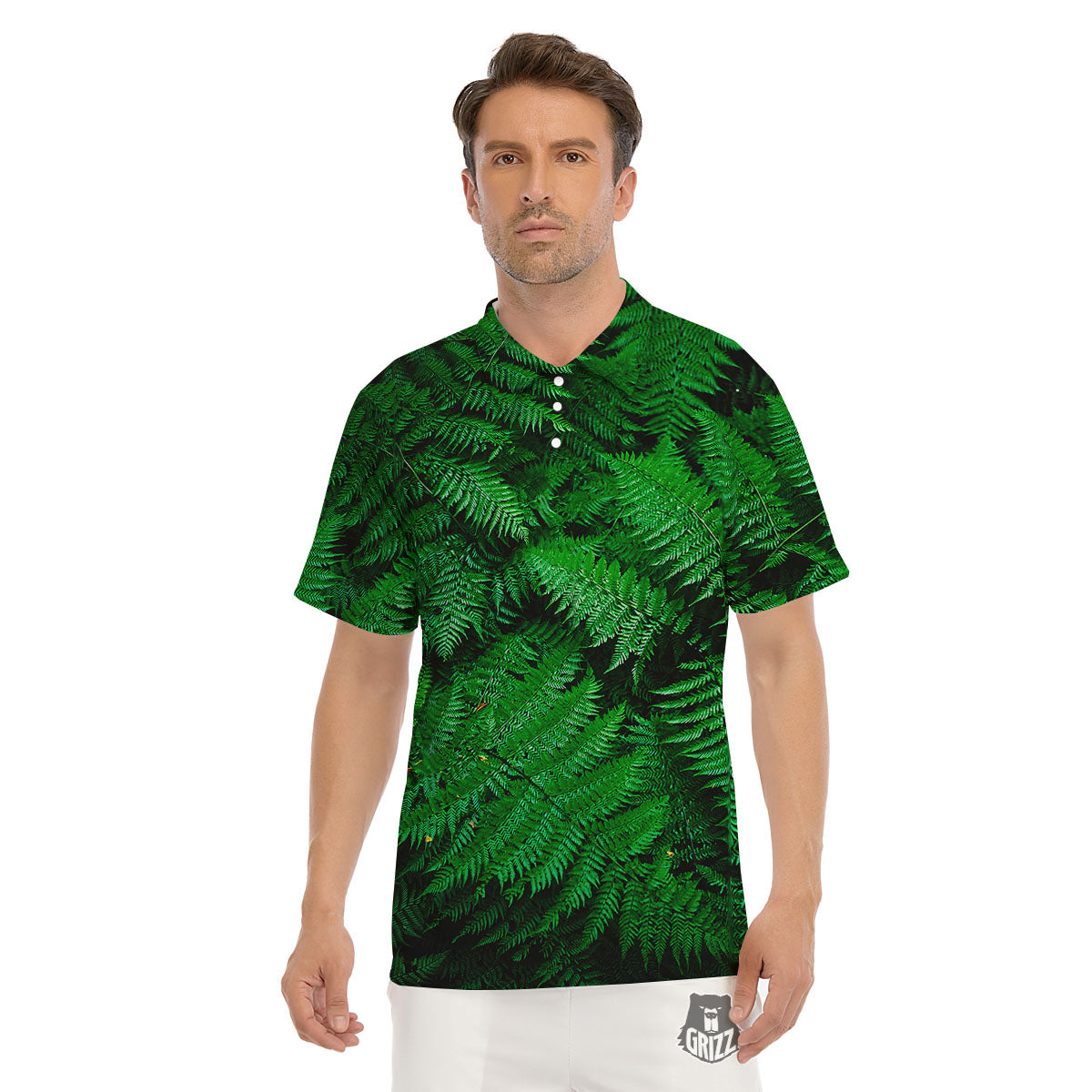 Fern Leaf Green Print Men's Golf Shirts-grizzshop