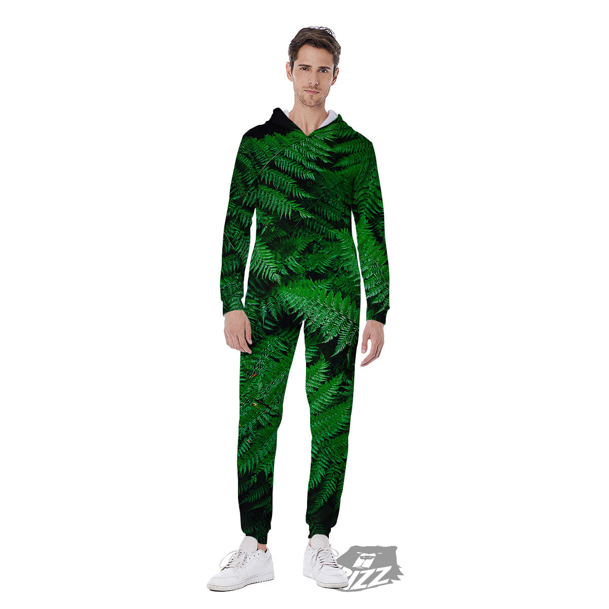 Fern Leaf Green Print Men's Jumpsuit-grizzshop