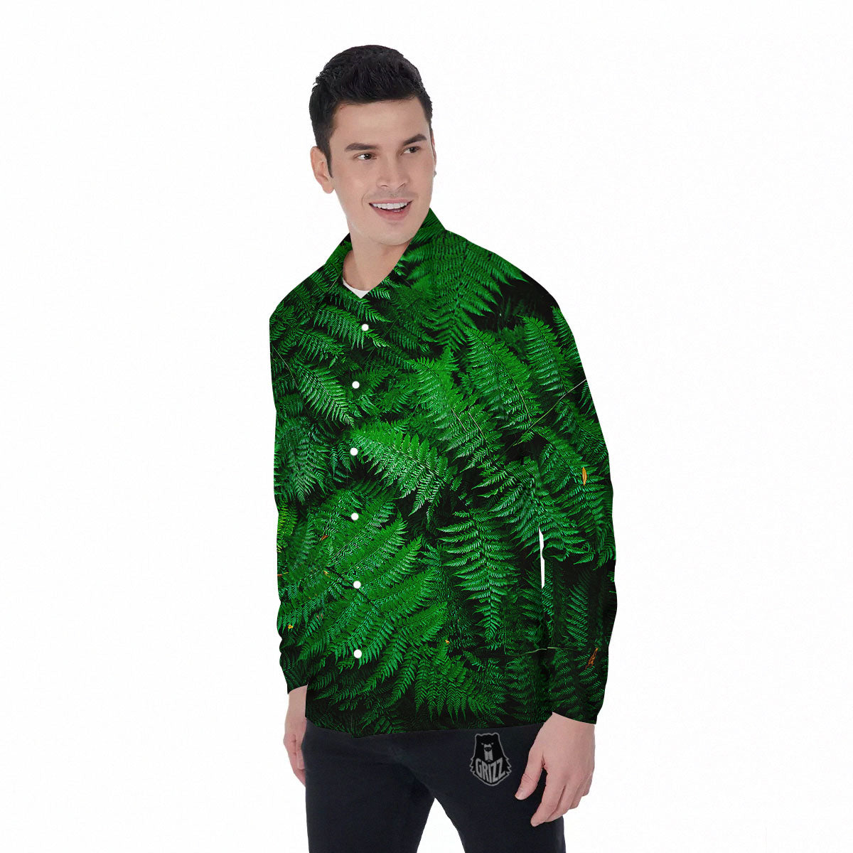 Fern Leaf Green Print Men's Long Sleeve Shirts-grizzshop