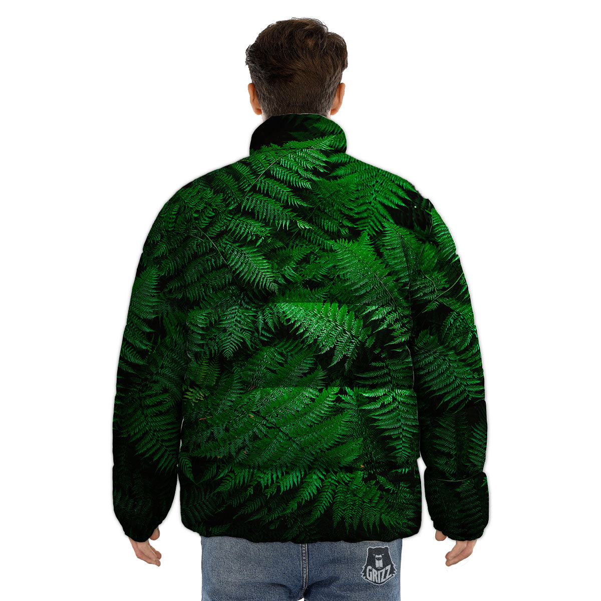 Fern Leaf Green Print Puffer Jacket-grizzshop
