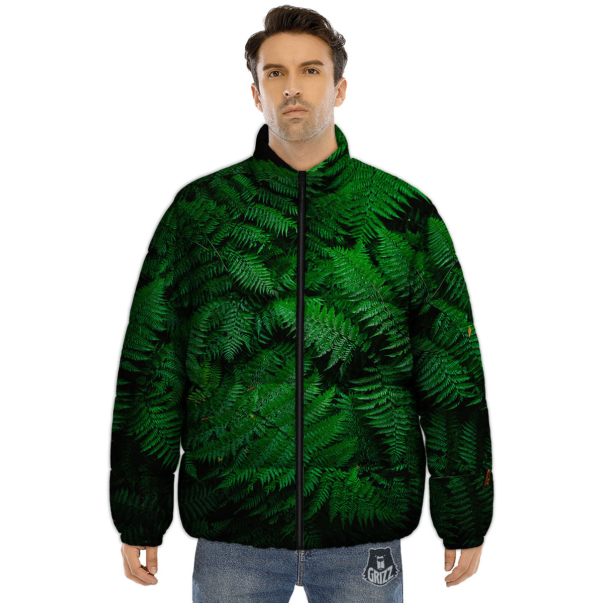 Fern Leaf Green Print Puffer Jacket-grizzshop