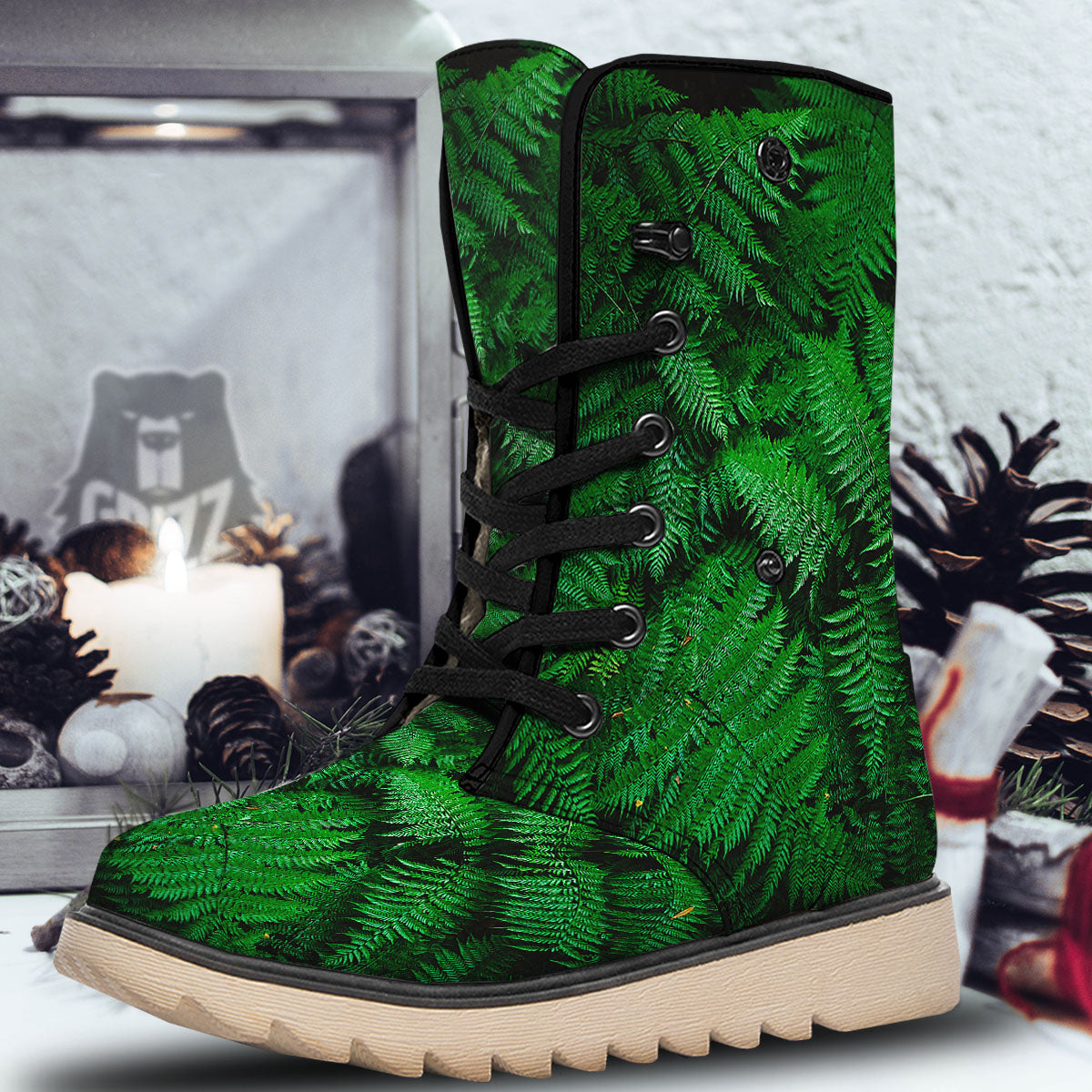 Fern Leaf Green Print Snow Boots-grizzshop