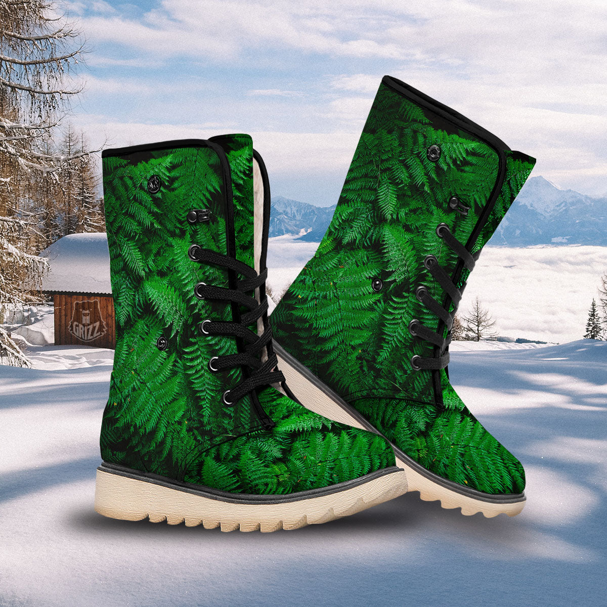 Fern Leaf Green Print Snow Boots-grizzshop
