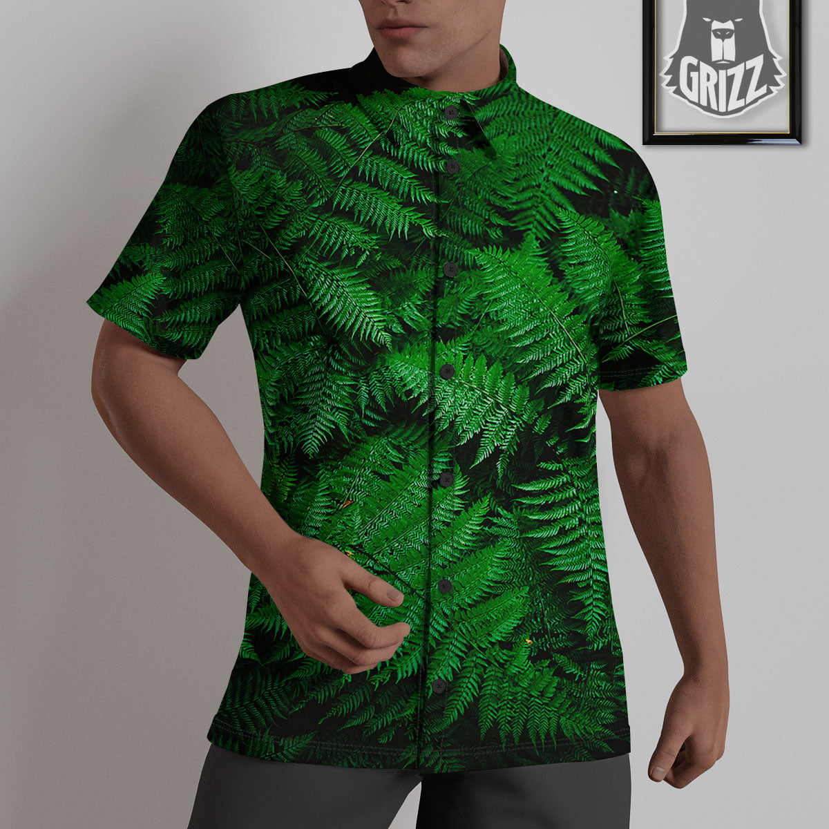 Fern Leaf Green Print Untucked Shirts-grizzshop