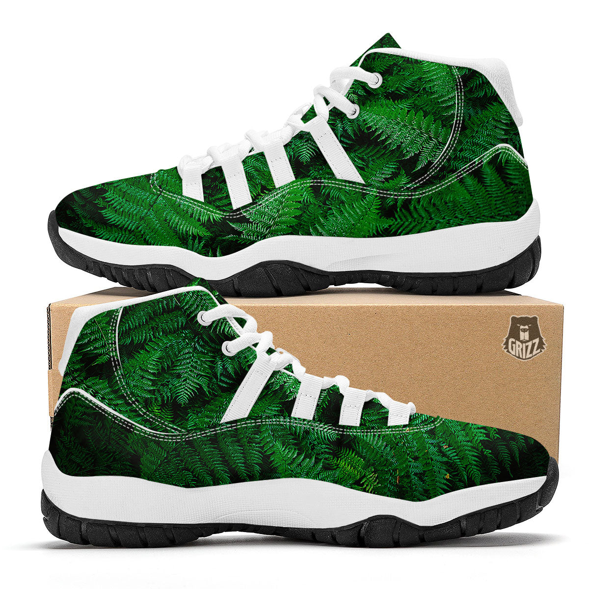 Fern Leaf Green Print White Bball Shoes-grizzshop
