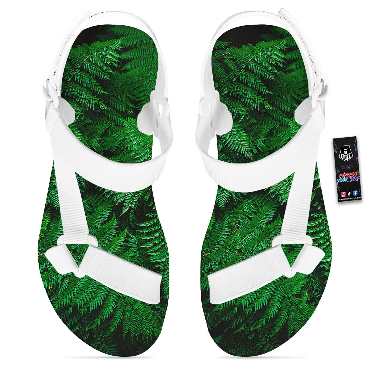 Fern Leaf Green Print White Open Toe Sandals-grizzshop